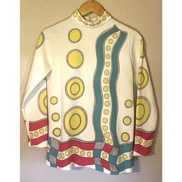 Vintage Mr. Fine Dallas Shirt Mod Circles Mockneck Long Sleeve 70's Size M - Picture 1 of 9